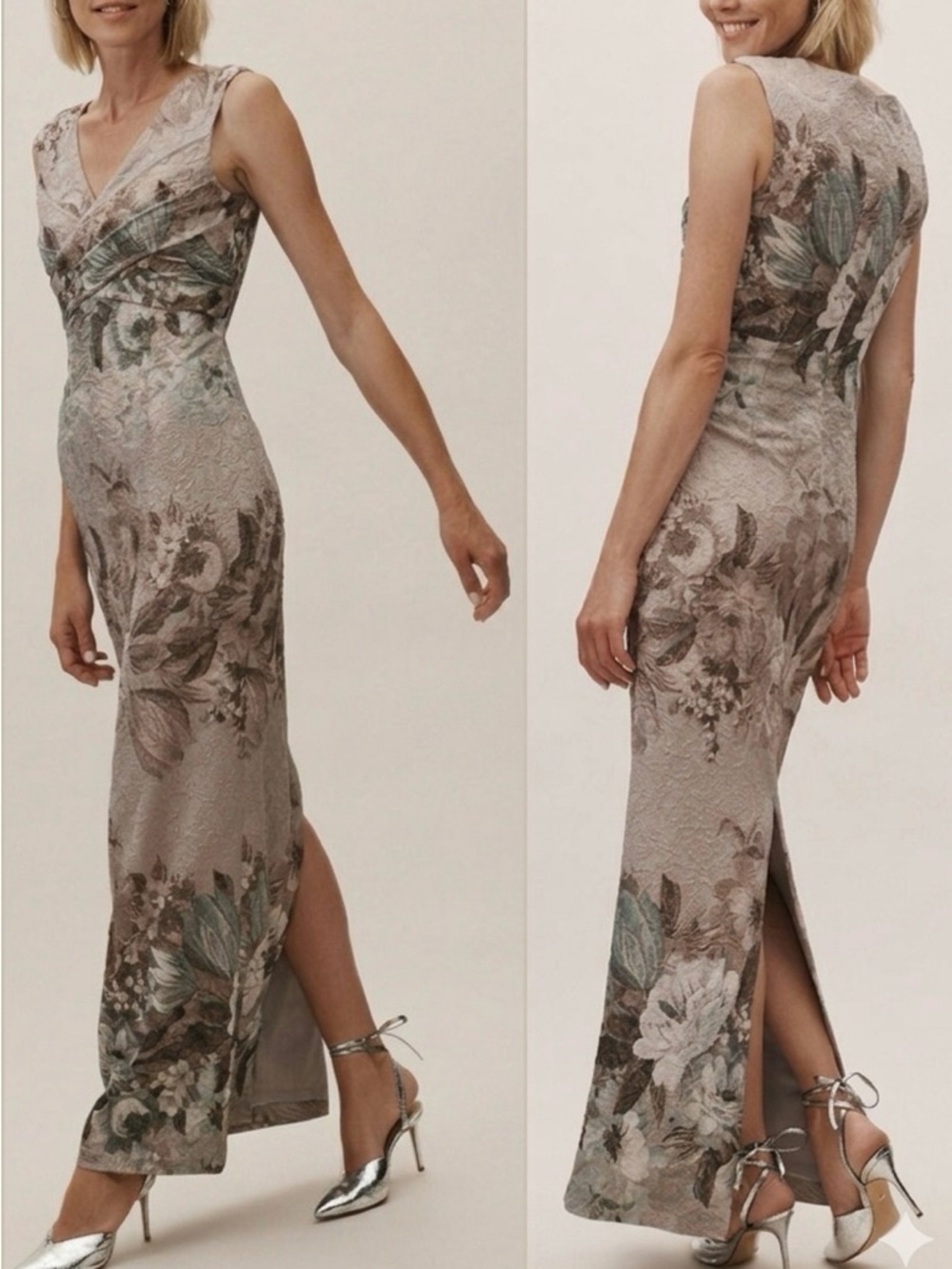 Anthropologie BHLDN Adrianna Papell Lilliana Metallic Floral Maxi Gown Size 8